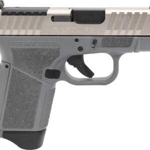 Gforce Arms GF9 9mm semi-automatic pistol in gray and nickel finish with optic-ready serrated slide and fiber optic sights