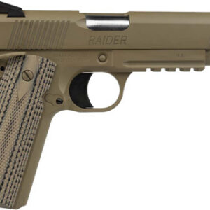 Tisas 1911 Raider 9mm semi-auto pistol in Flat Dark Earth with 5-inch barrel, G10 grips, and Picatinny rail, shown with two 9-round magazines