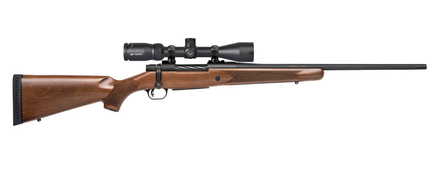 Mossberg Patriot bolt-action rifle in .22-250 Remington with blued finish, wood stock, and Vortex scope