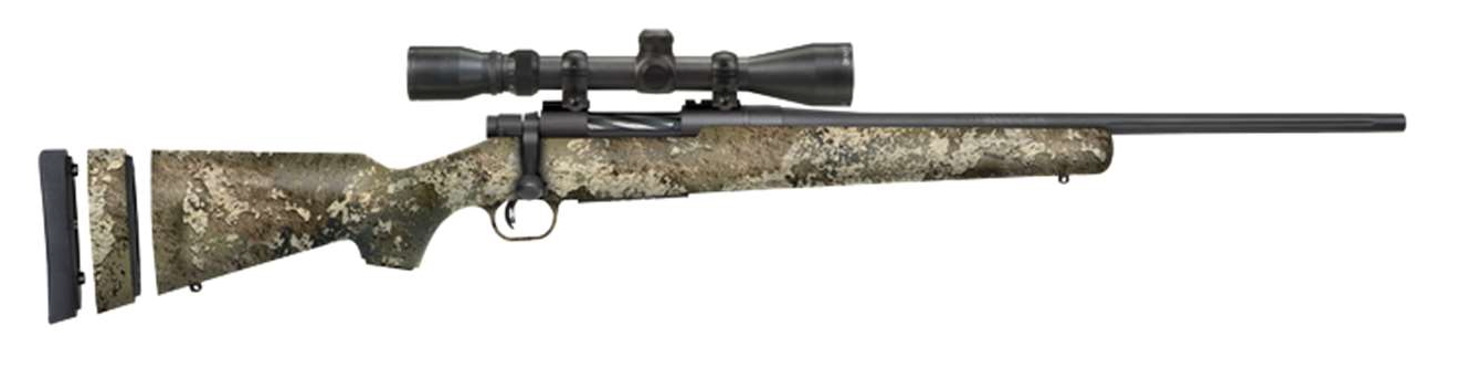 Mossberg Patriot Superbandit .243 Winchester bolt-action rifle with 20-inch blued barrel, right-side profile view