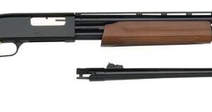 Mossberg 500 Combo 20 gauge pump-action shotgun with blued finish and wood stock, shown with both 26-inch and 24-inch barrels