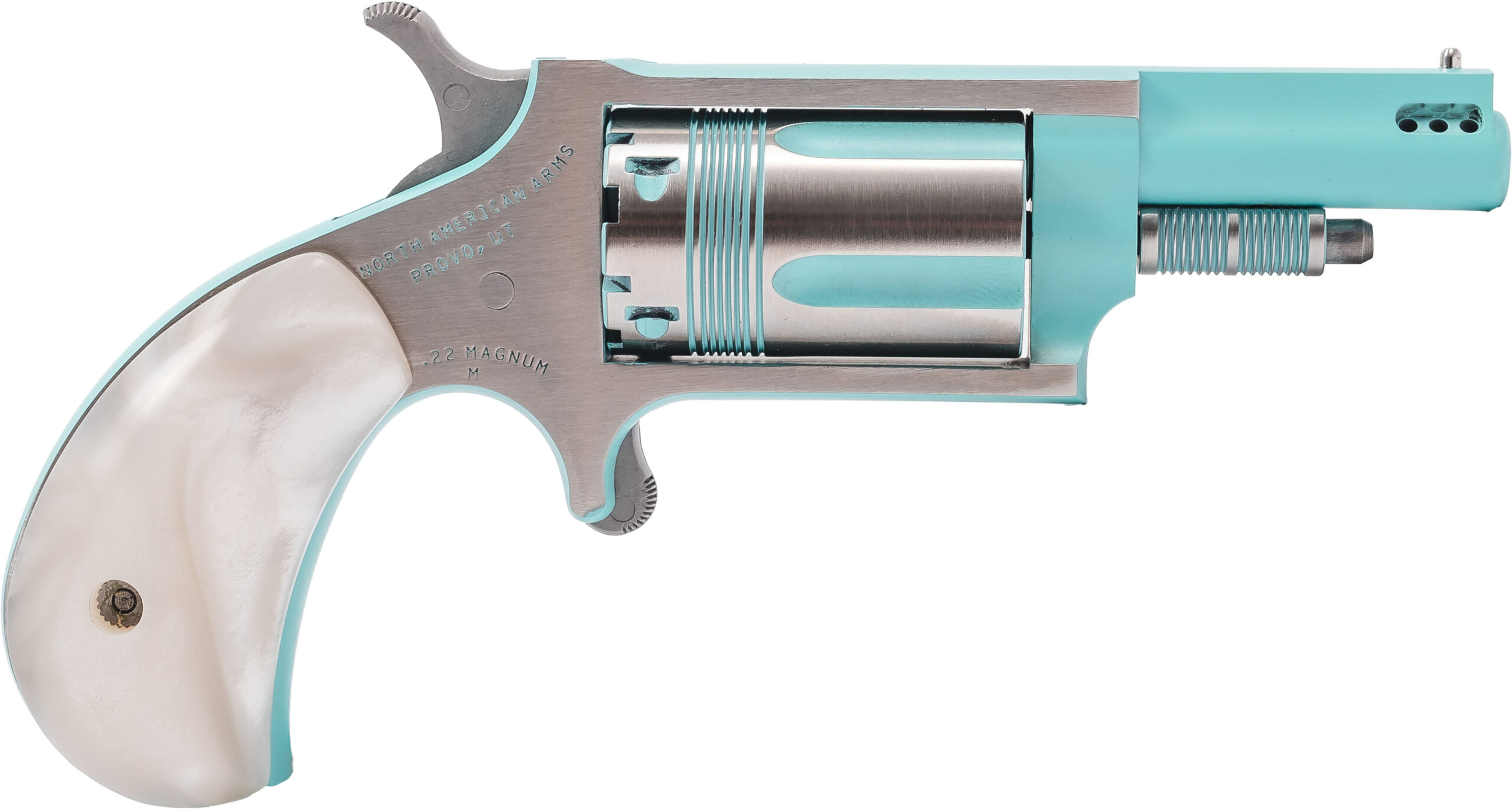 North American Arms Mini Revolver .22 Magnum with 1.625-inch barrel in Iris turquoise Cerakote and stainless silver finish
