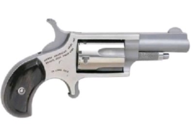 North American Arms Mini single-action revolver in .22 LR with 1-5/8 inch barrel and black pearl grips, stainless steel finish