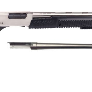 Rock Island Armory Meriva chrome pump-action 12 gauge shotgun with 18.5-inch barrel, right-side profile view