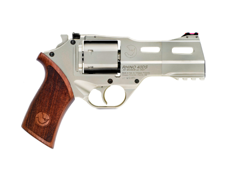 Chiappa Rhino 40DS .357 Magnum 4-inch nickel revolver with adjustable fiber optic sights, right-side profile view
