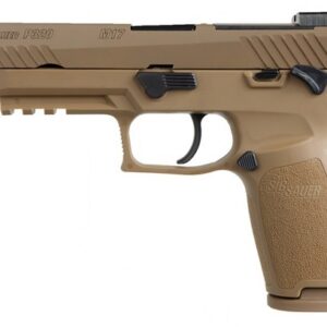 SIG SAUER P320 M17 full-size 9mm pistol in Coyote tan with manual thumb safety and SIGLITE night sights, Massachusetts compliant