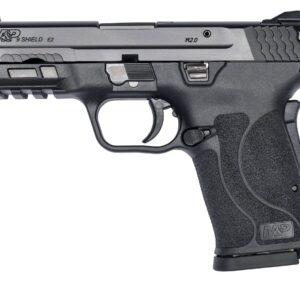 Smith & Wesson M&P9 M2.0 Shield EZ 9mm semi-automatic pistol in black with serrated slide and white dot sights