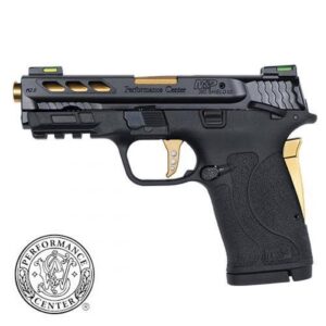 Smith & Wesson M&P380 Shield EZ 2.0 Performance Center ported pistol with gold barrel and black frame in .380 ACP