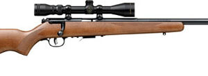 Savage Arms 93R17 bolt-action rifle in .17 HMR with blued heavy barrel, wood stock, and 3-9x scope