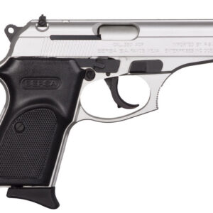 Bersa Thunder 380 semi-auto pistol in nickel finish with serrated slide and 3-dot sights, right side view