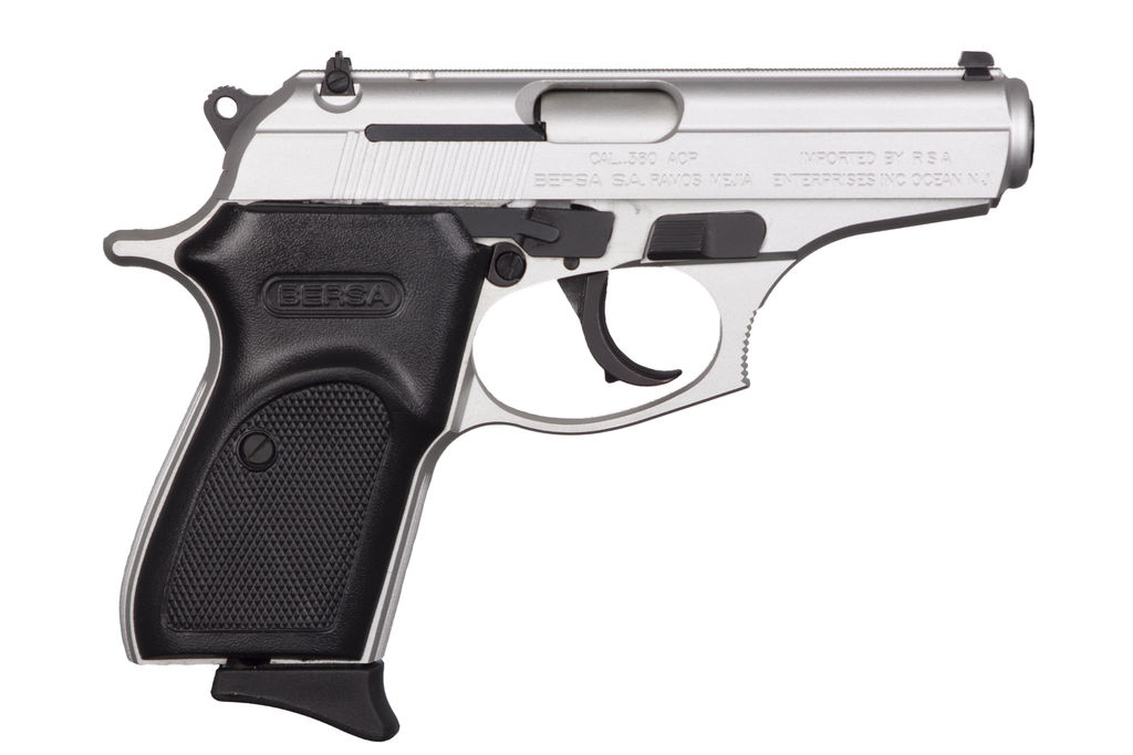 Bersa Thunder 380 semi-auto pistol in nickel finish with serrated slide and 3-dot sights, right side view