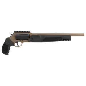 Taurus Judge Home Defense revolver in flat dark earth finish with 13-inch barrel chambered in 410 bore and 45 Colt