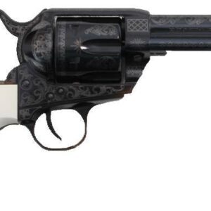 Traditions 1873 Single Action Liberty revolver with blued engraved barrel and white frame finish, 4.75 inch barrel, right side view