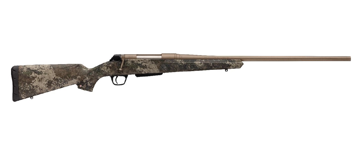 Winchester XPR Hunter Strata bolt-action rifle in .243 Winchester with 22-inch Flat Dark Earth Perma-Cote barrel and Strata camo stock