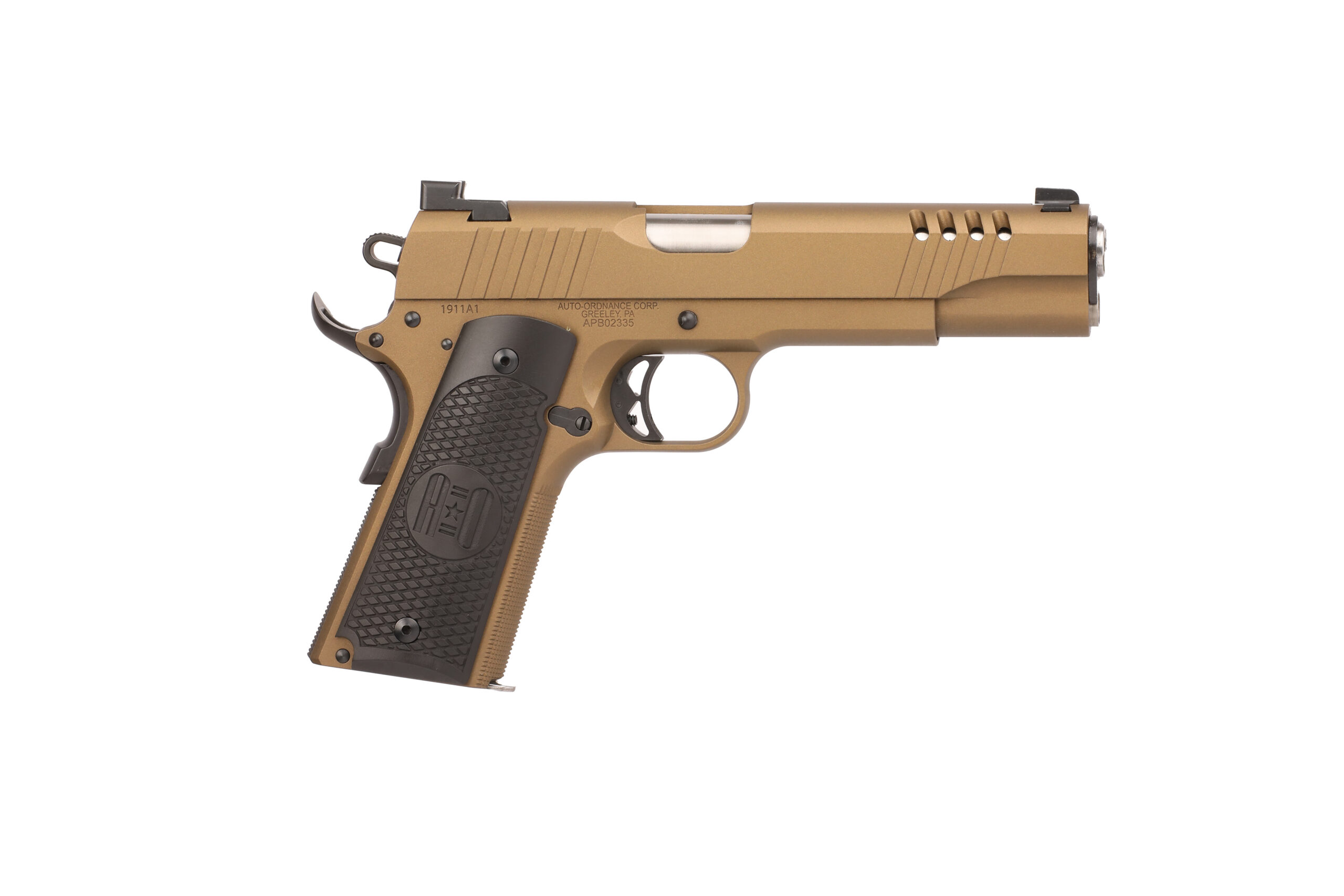 Auto-Ordnance Thompson 1911 semi-auto pistol in .45 ACP with burnt bronze finish, 5-inch barrel, and combat 3-dot night sights
