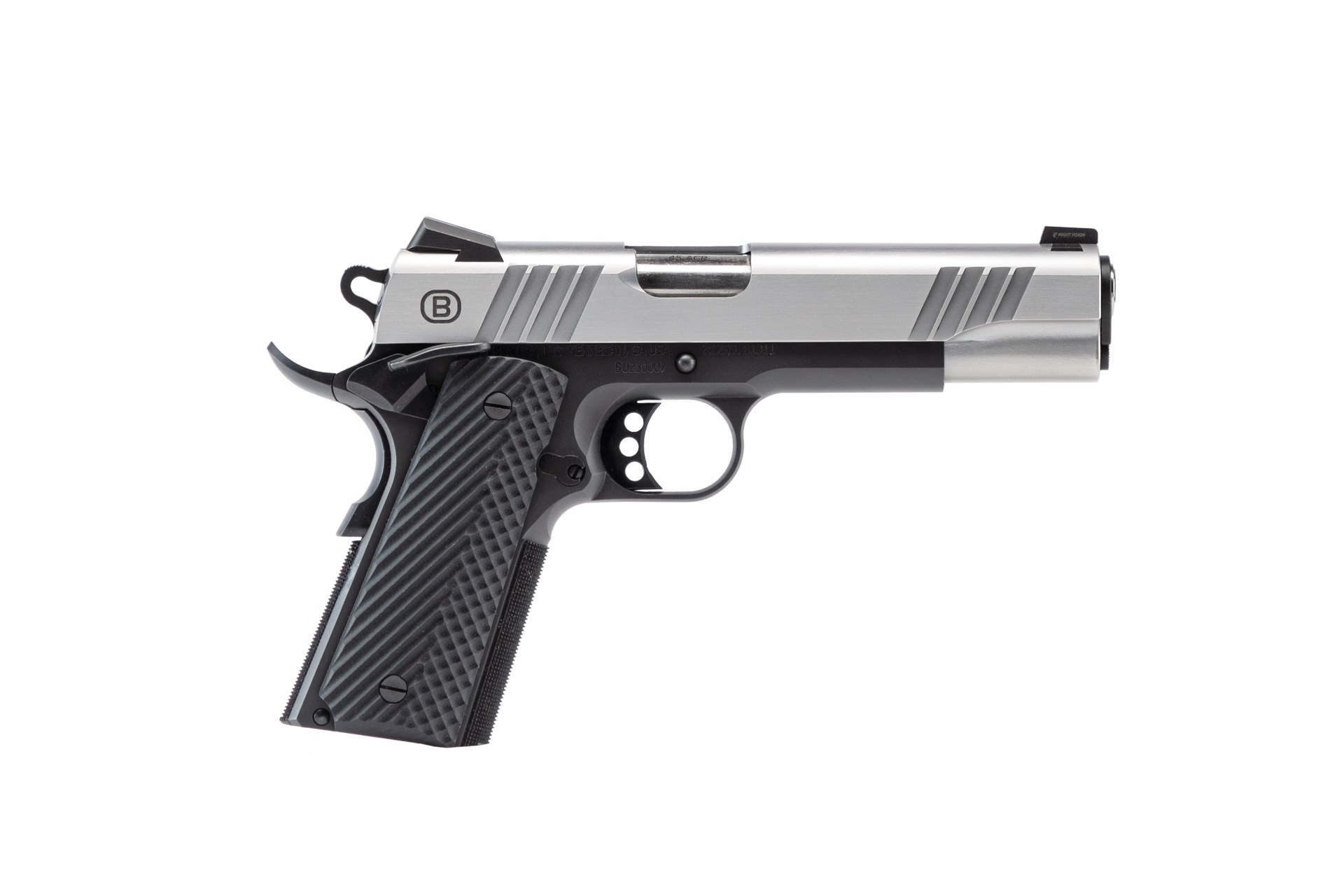 Bersa B1911 .45 ACP semi-automatic pistol with stainless and black two-tone finish, 5-inch barrel, and night sights