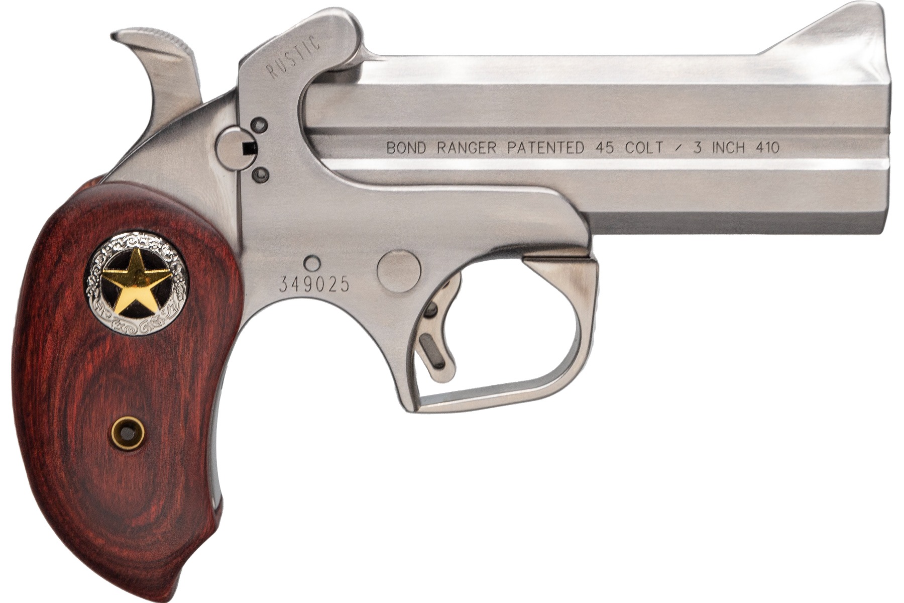Bond Arms Rustic Ranger derringer chambered in .45 Long Colt and .410 with a 4.25-inch barrel and rustic finish