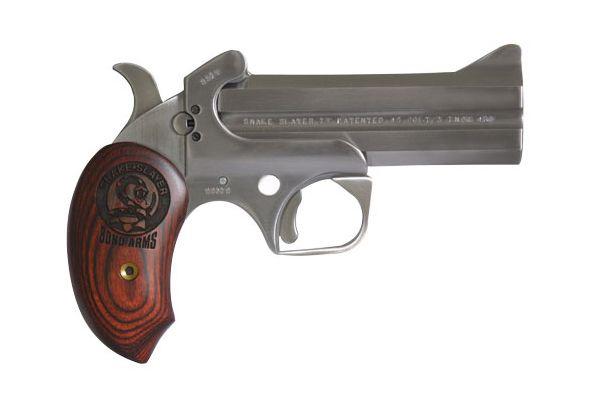 Bond Arms Snake Slayer IV derringer in .45 Long Colt and .410 with silver stainless finish and 4.25-inch barrel