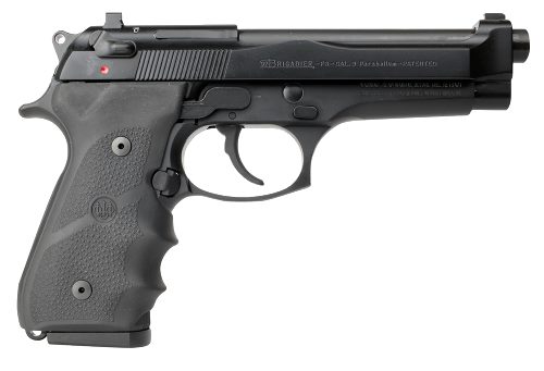 Beretta 92FS Brigadier 9mm semi-auto pistol in black with serrated slide and adjustable rear sight