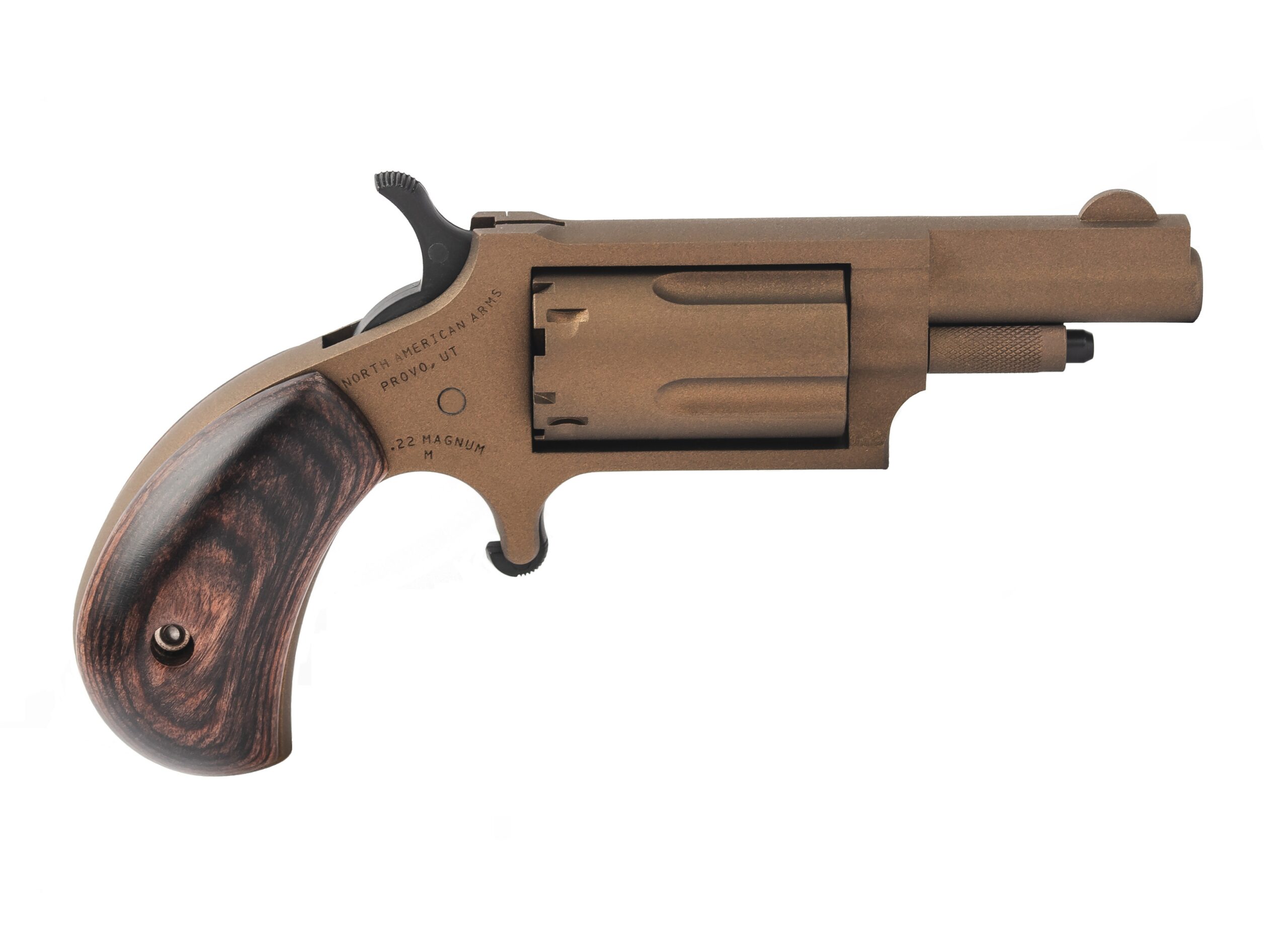 North American Arms Bootlegger .22 Magnum single-action mini revolver with burnt bronze finish and 1-5/8 inch barrel