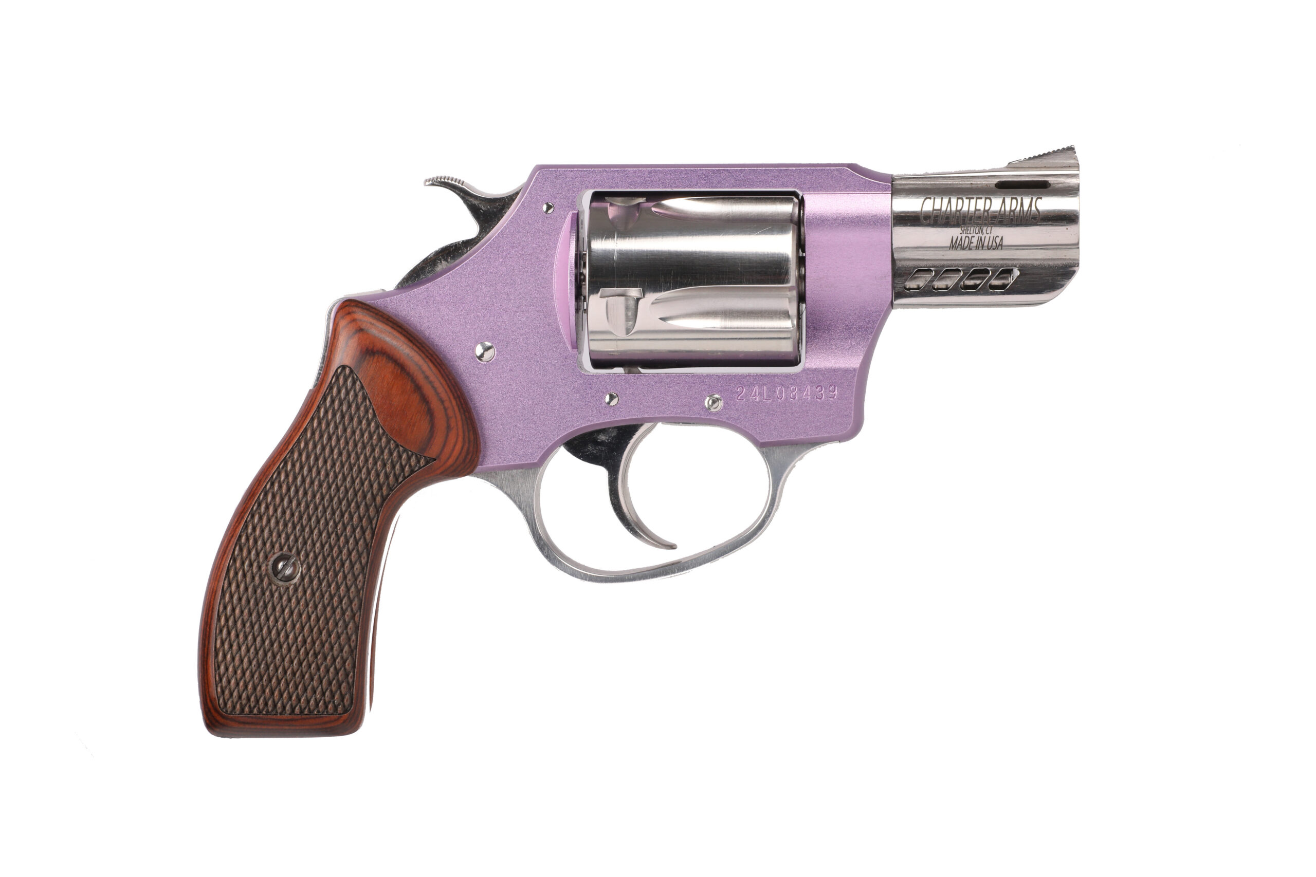 Charter Arms Coyote .380 ACP revolver with lavender frame and stainless finish, 2-inch barrel, right-side profile view