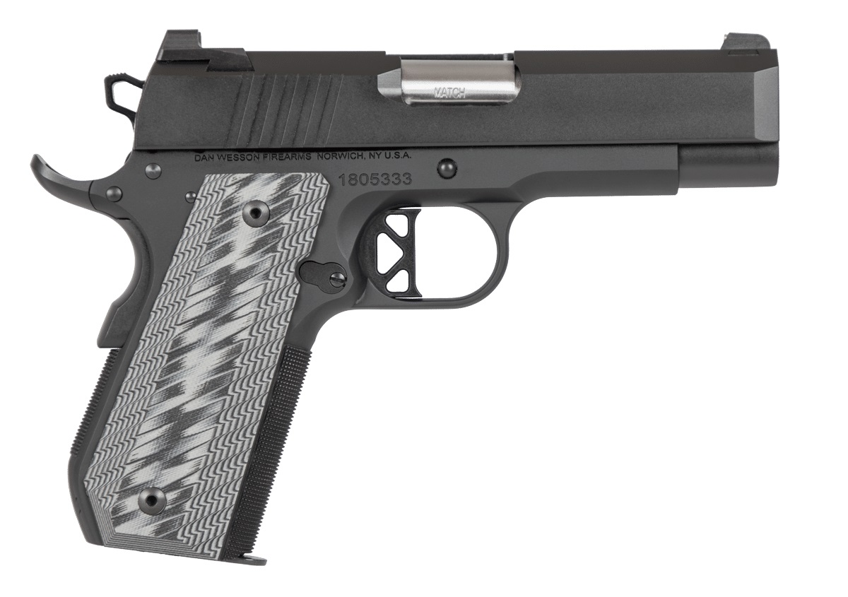 Dan Wesson ECP 1911 semi-auto pistol in black with 4-inch barrel chambered in 45 ACP, right-side profile view