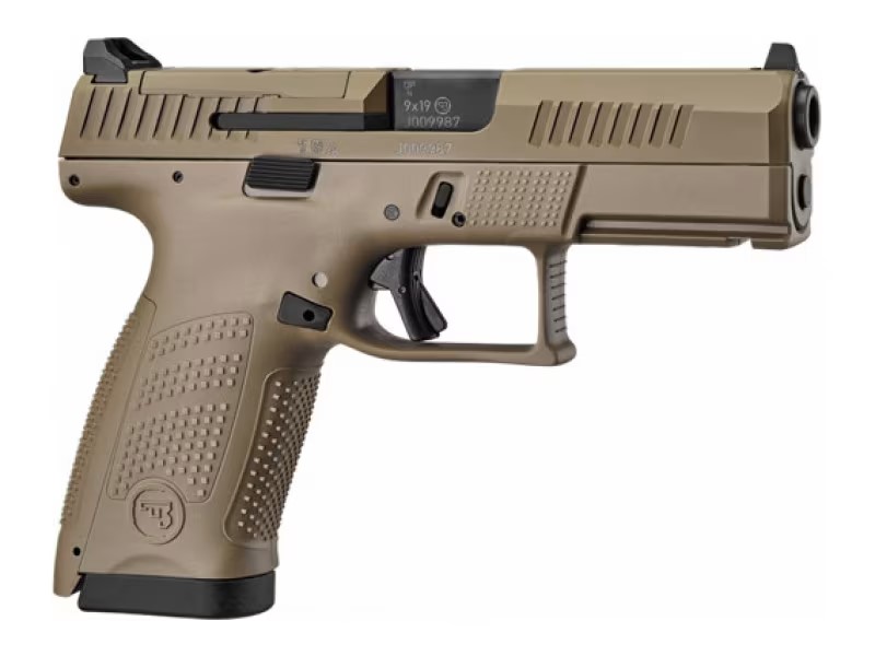 CZ P-10 C 9mm Flat Dark Earth optic ready semi-auto pistol with serrated slide and 3-dot sights