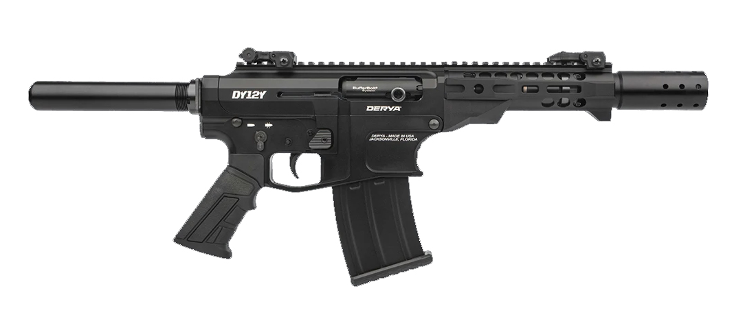 Derya Arms DY12Y semi-automatic 12 gauge shotgun with 11-inch barrel in black finish with flip-up sights