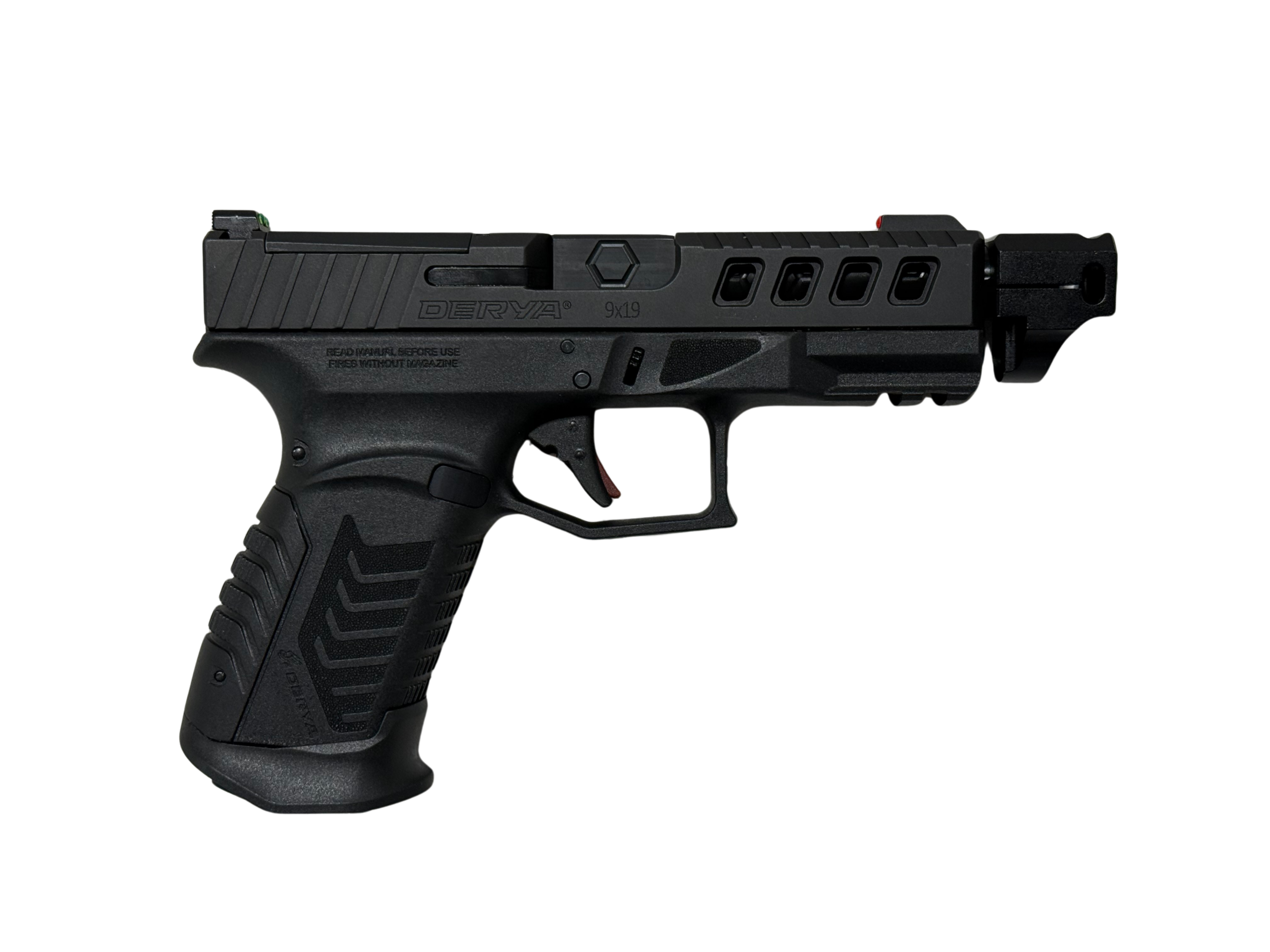 Derya Arms DY9 Comp 9mm semi-auto pistol with ported optic-ready slide and TruGlo fiber optic sights, black finish