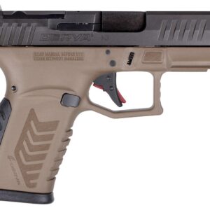 Derya Arms DY9Z 9mm semi-automatic pistol in brown and black with optic-ready serrated slide and fiber optic sights