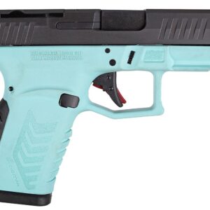 Derya Arms DY9Z 9mm semi-automatic pistol in blue and black two-tone finish with optic-ready serrated slide and fiber optic sights