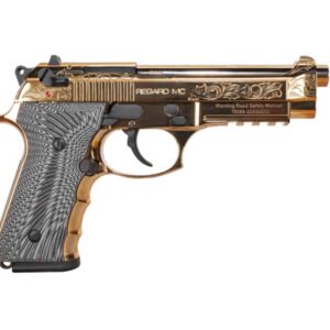 EAA Corp Regard MC Deluxe 9mm pistol with gold finish and engraved serrated slide, right-side profile view