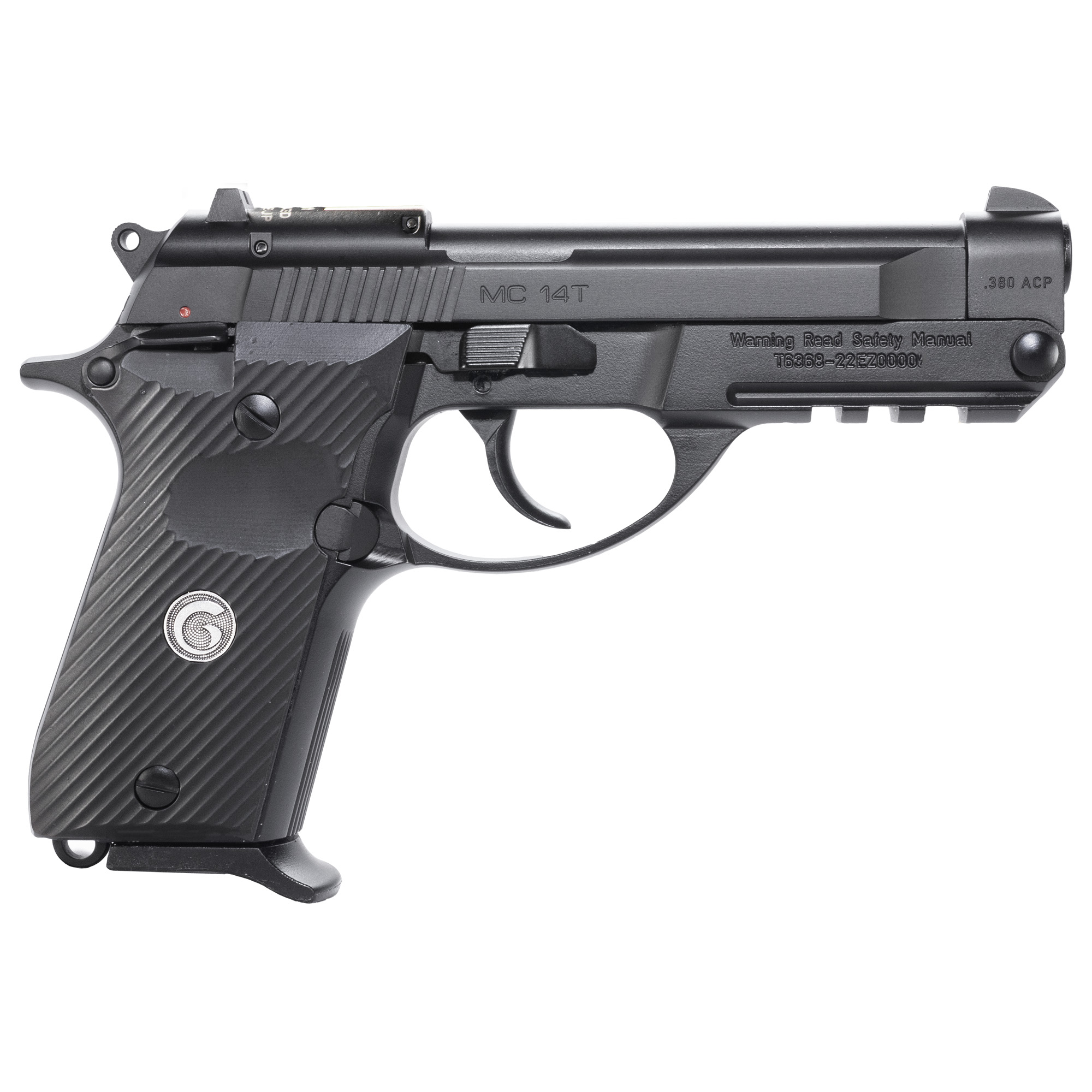 EAA Corp MC14T tip-up .380 ACP semi-automatic pistol in black with serrated slide and 3-dot sights
