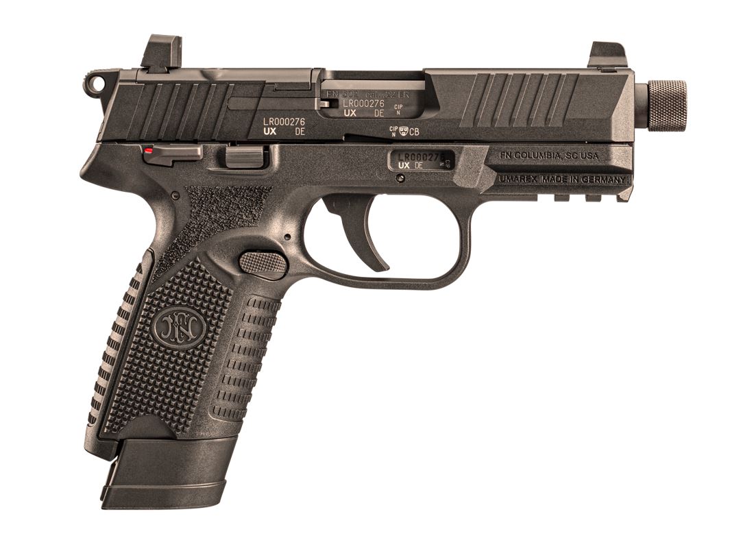 FN 502 Tactical .22 LR semi-auto pistol in black with threaded barrel and optic-ready slide