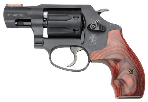 Smith & Wesson 351PD AirLite .22 WMR revolver with matte black finish, wood grip, and HiViz orange fiber optic front sight