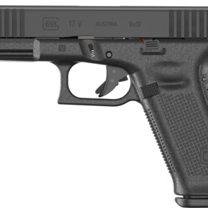Glock G17 Gen 5 9mm semi-automatic pistol in black with fixed sights and serrated slide, right-side profile view