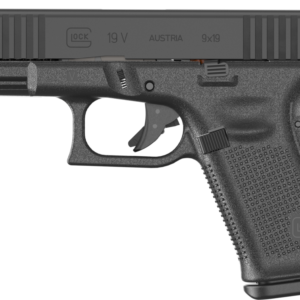 Glock G19 Generation 5 9mm semi-auto pistol in black with fixed sights and serrated slide