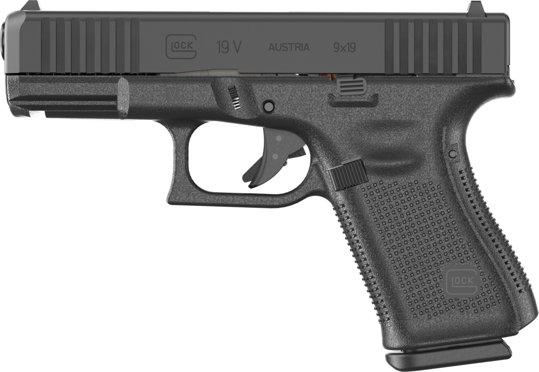 Glock G19 Generation 5 9mm semi-auto pistol in black with fixed sights and serrated slide