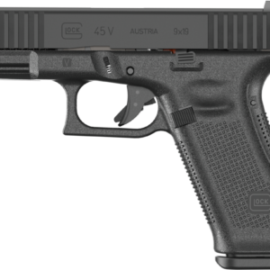 Glock G45 Gen 5 9mm semi-auto pistol in black with fixed sights and serrated slide, right side view