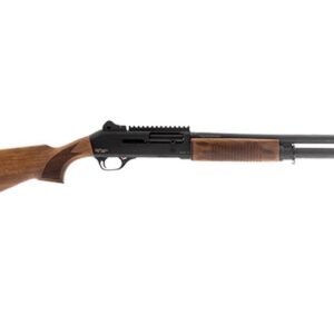 GForce Arms Gatlander semi-automatic 12 gauge shotgun with 18.5 inch barrel, black finish and wood stock, ghost ring iron sights
