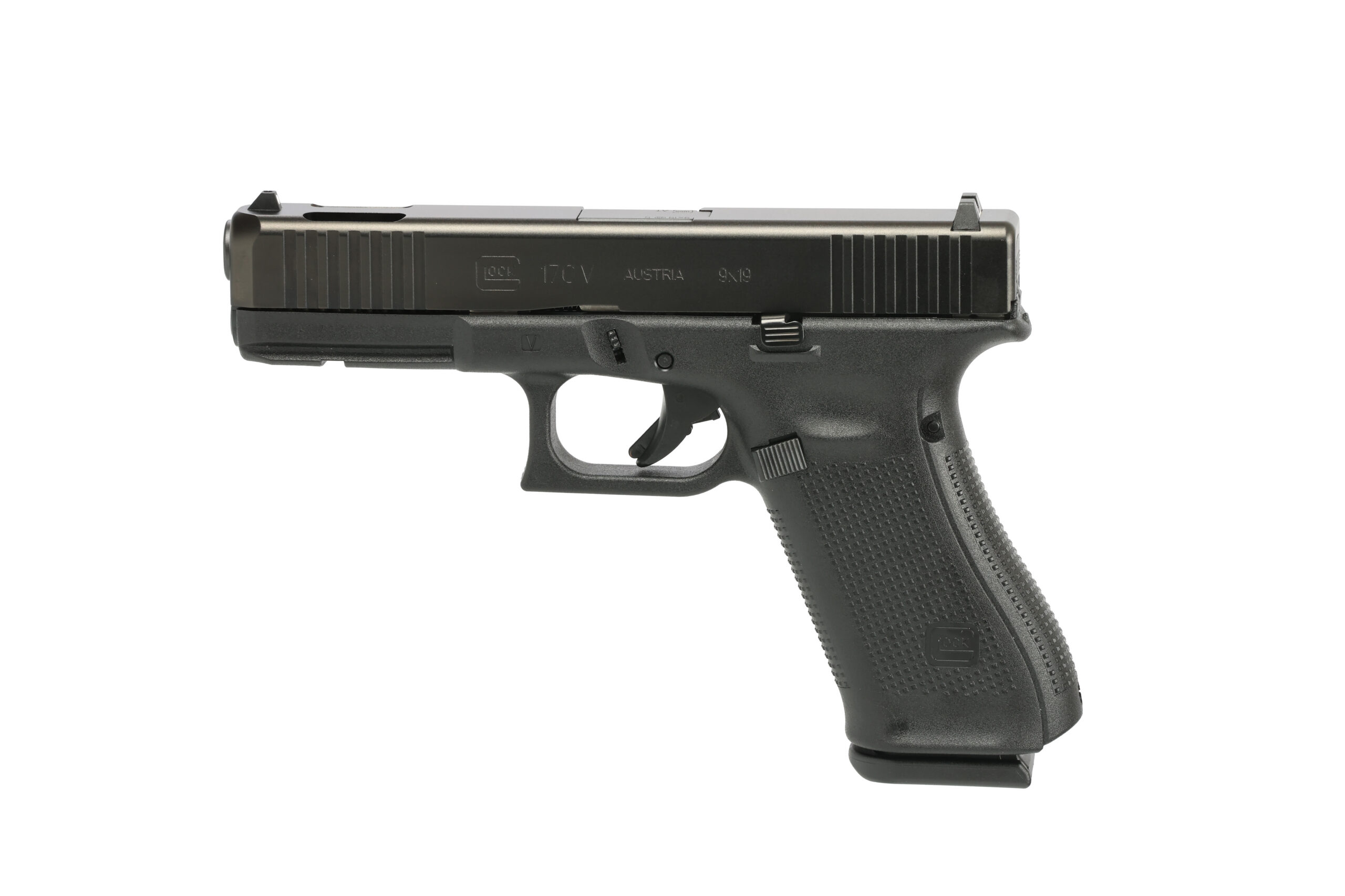 Glock G17C Gen 5 9mm semi-automatic pistol with compensated barrel in black, right-side profile view