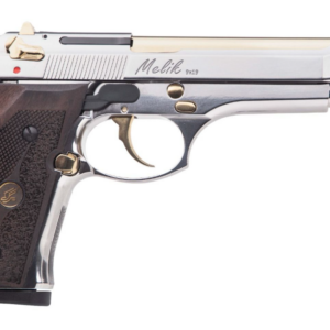 Derya Arms MK9 9mm semi-automatic pistol in gold finish with 4.9-inch barrel and serrated slide