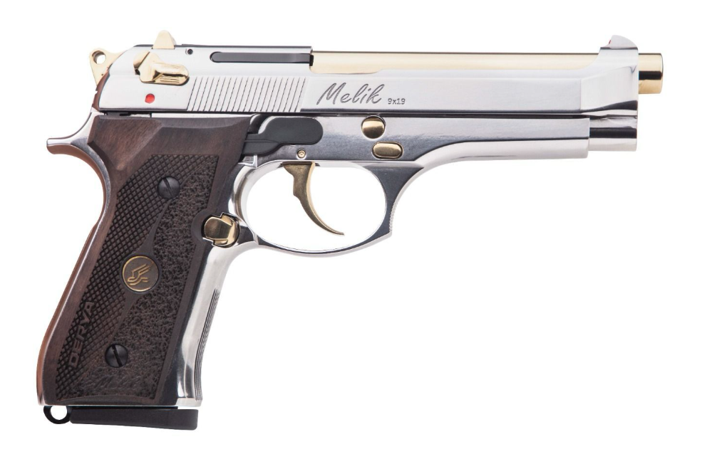 Derya Arms MK9 9mm semi-automatic pistol in gold finish with 4.9-inch barrel and serrated slide