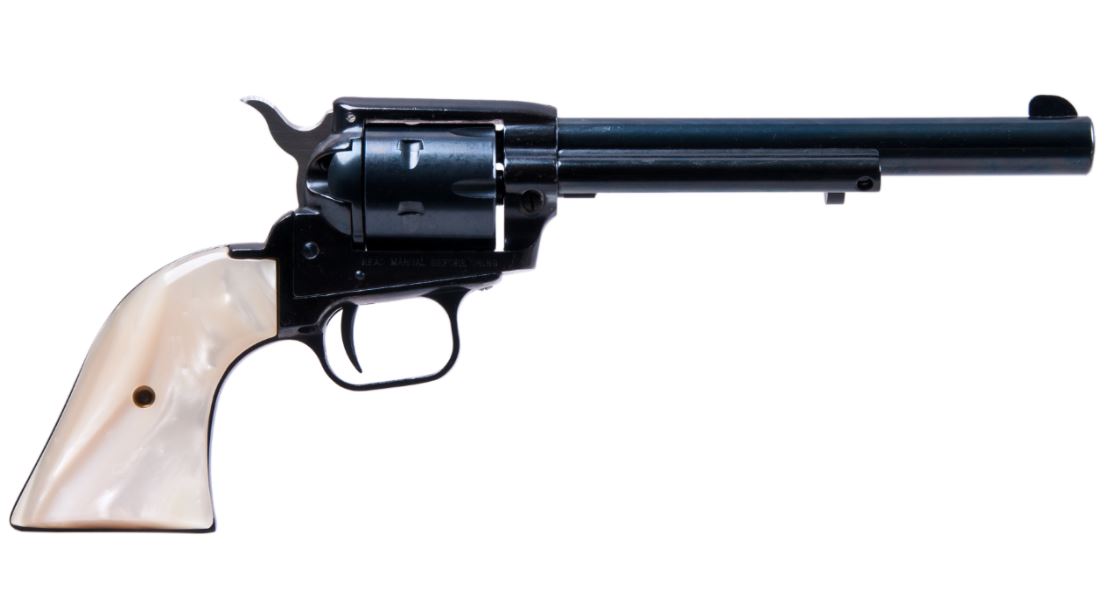 Heritage Manufacturing Rough Rider single-action revolver with 6.5-inch blued barrel and pearl grips, chambered in .22 LR and .22 Magnum