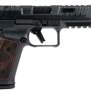 Canik SFx Rival-S 9mm semi-automatic pistol in black with rosewood grips, right-side view showing ported slide and fiber optic front sight
