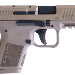 Canik METE MC9 9mm pistol in Flat Dark Earth with optic-ready serrated slide and 3-dot white sights