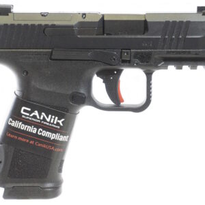 Canik METE MC9L 9mm semi-automatic pistol in black with serrated slide and 3-dot white sights, California compliant