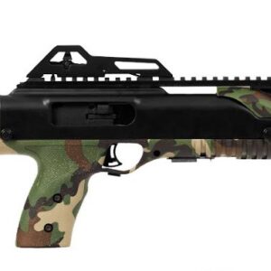 Hi-Point 995 9mm semi-automatic pistol with M81 camouflage finish and stabilizing brace, right-side view