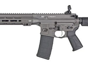 LWRC IC MKII semi-automatic rifle in Tungsten finish with 16.1-inch barrel and LWRC Skirmish Back-Up Sights, chambered in 5.56 NATO