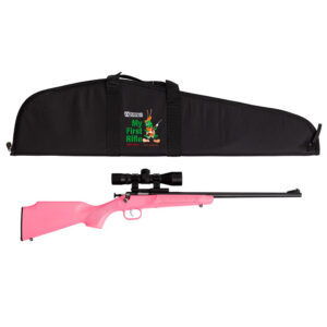Keystone Sporting Arms Crickett .22 LR single-shot youth bolt-action rifle in blued and pink finish with scope and carrying case